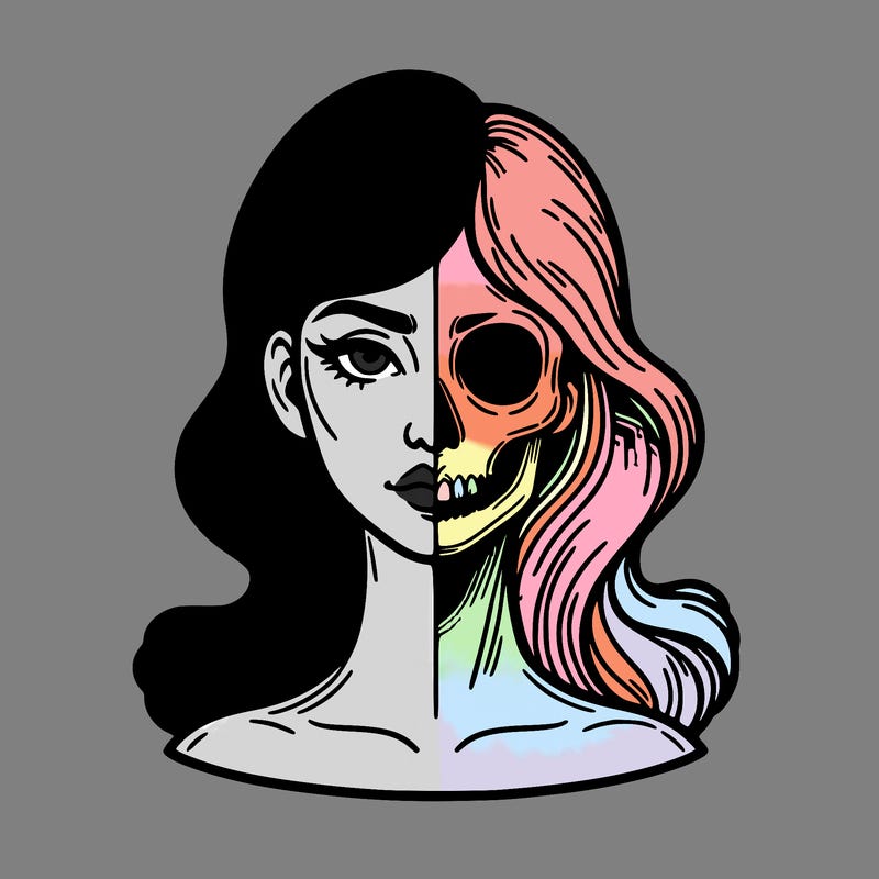 bust of a woman, half face and hair, half skull