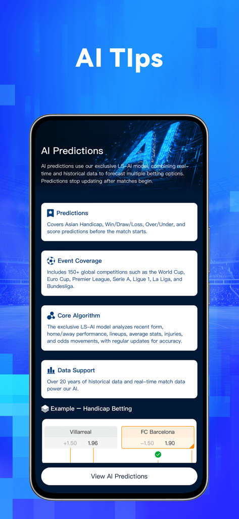 Livescore365-Tournament data - Smartphone screen displaying AI-driven sports betting predictions and handicap analysis in the Livescore365 app.