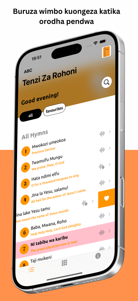 Tenzi Za Rohoni - Tenzi Za Rohoni mobile app displaying a list of Swahili hymns and the swipe to favorite function
