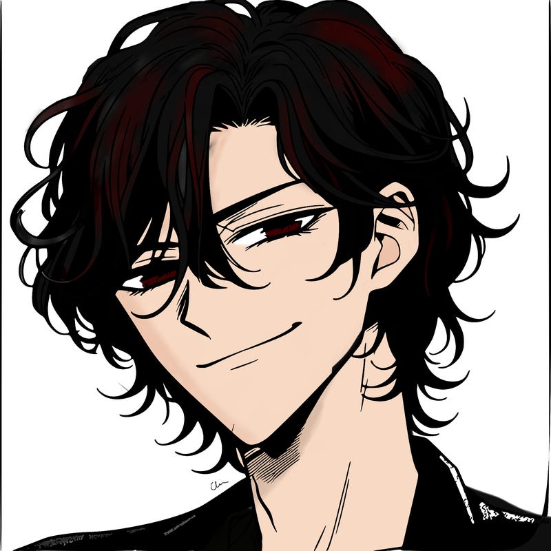 a manhwa style of a 21 year old male with waist length hair and a smirk on his face with a mischievous look in his eyes