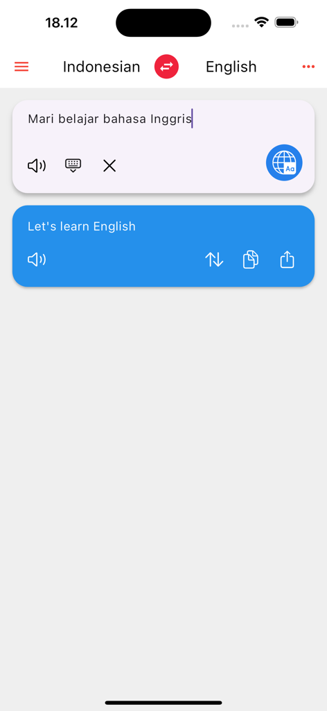 Kamusku - Kamusku app interface showing Indonesian to English sentence translation