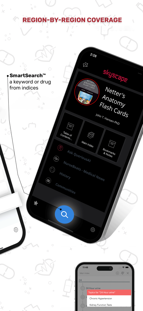 The Netters Anatomy Flash Cards app interface displaying the SmartSearch feature and main medical index on a mobile device.