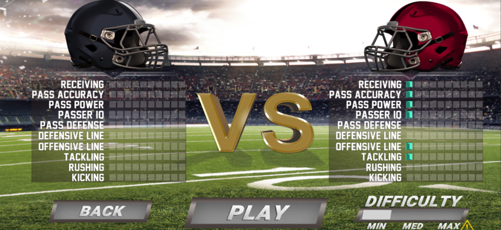 American Football Champs - Tela de confronto de equipes no American Football Champs mostrando capacetes e estatísticas de habilidade dos jogadores