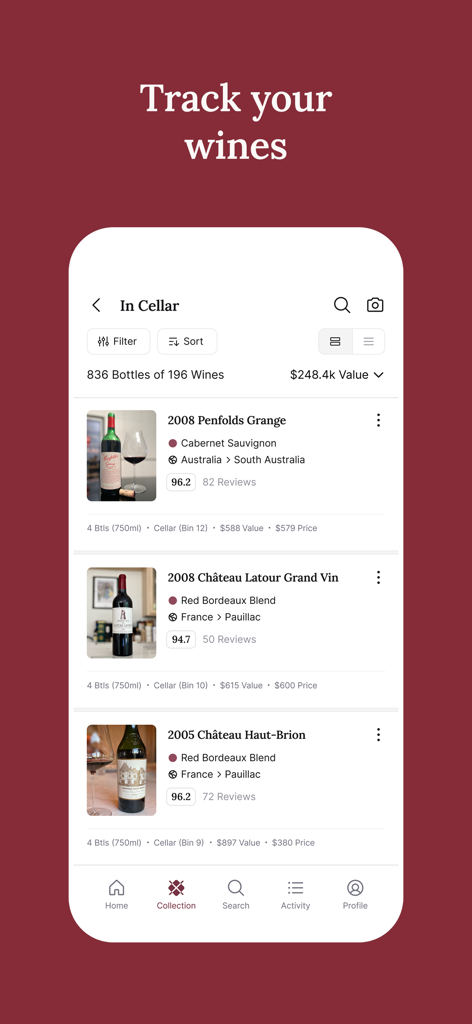 CellarTracker: #1 Wine Tracker - CellarTracker 앱의 모바일 인터페이스에 재고 세부 정보 및 시장 가치가 있는 디지털 와인 컬렉션 표시