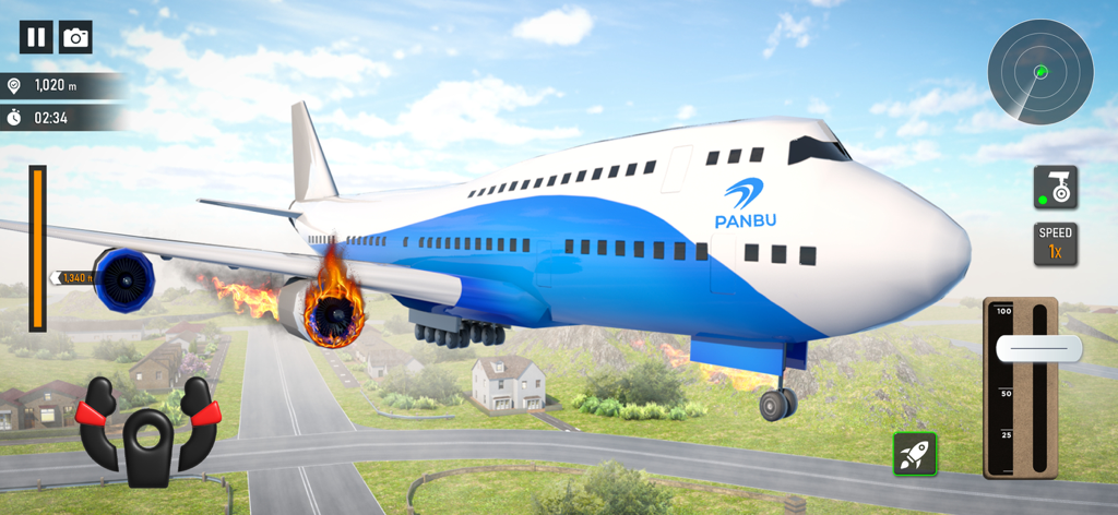 Flight Pilot Airplane Games 23 - Commercial passenger airplane with a burning engine flying over a town in a flight simulator game.
