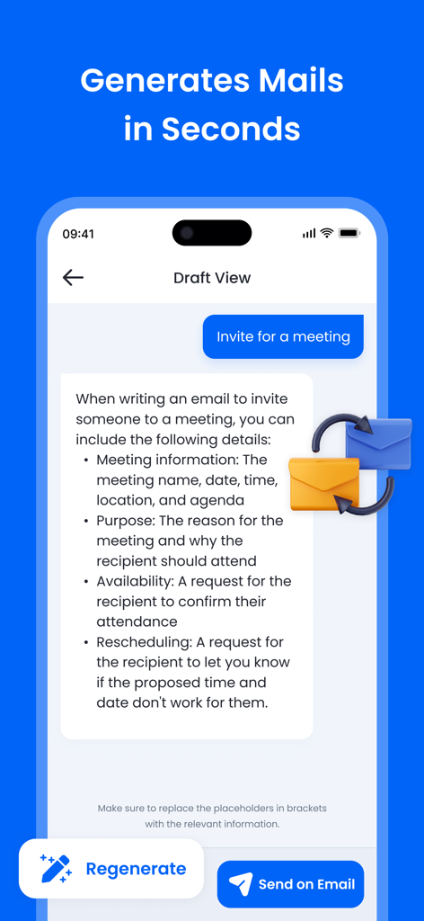 AI Writer - AI Email Assistant - Pantalla de la aplicación AI Writer que muestra un borrador generado para una invitación a una reunión con opciones para regenerar o enviar.
