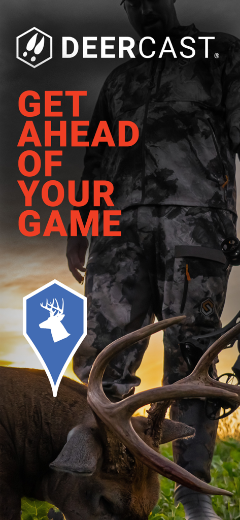 A hunter in camouflage gear with a trophy deer and DeerCast app slogan Get Ahead of Your Game
