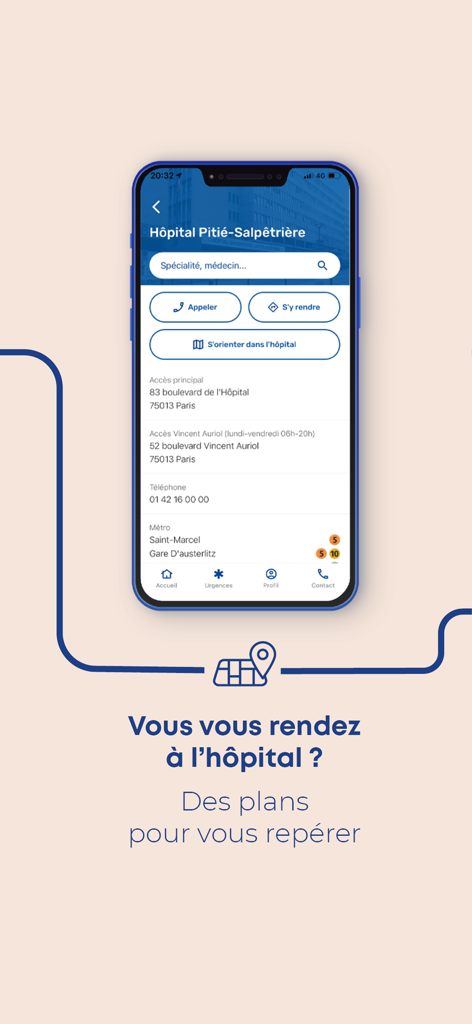 Screenshot of Mon AP-HP app showing navigation and contact details for Pitie-Salpetriere Hospital in Paris