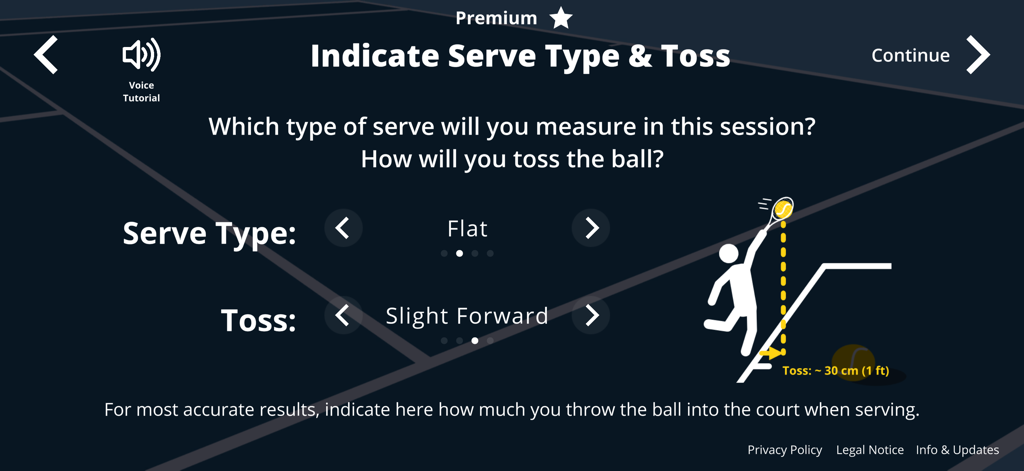 Tennis Serve Speed Tracker - Tennis Serve Speed Tracker app screen for setting serve type and ball toss distance