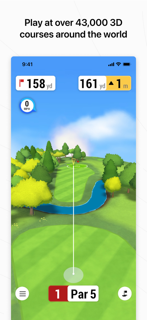 거리 측정 및 풍속 정보가 있는 3D 가상 골프 코스를 보여주는 Garmin Golf 앱 스크린샷