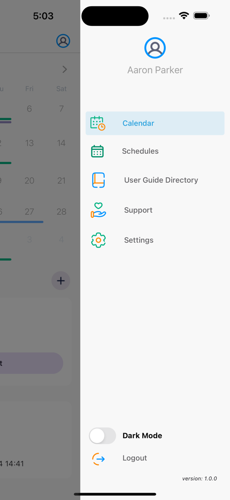 StaffReady mobile app navigation menu showing calendar and schedules options