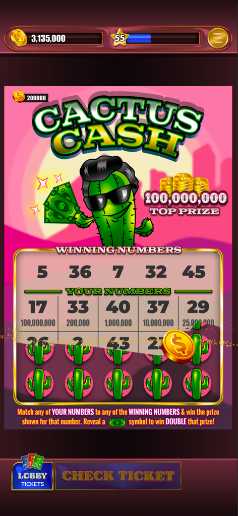 Lottery Scratchers - Gameplay screen of Lottery Scratchers mobile app showing the Cactus Cash scratch-off ticket with winning numbers and a cartoon cactus.