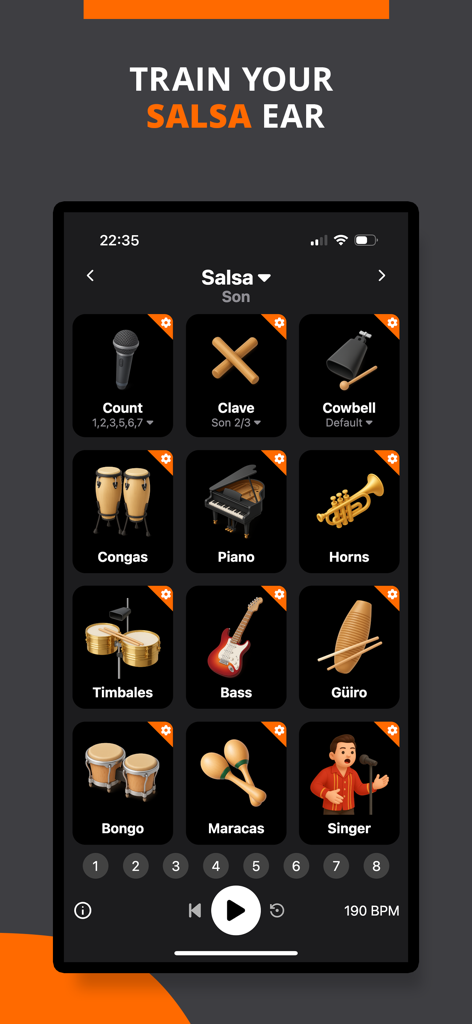 Salsa Rhythms - BeatLab - Salsa Rhythms BeatLab app interface with a grid of salsa instruments for rhythm training