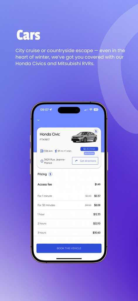 Leo Autopartage - Carshare - Leo Autopartage app screen showing vehicle details and rental pricing for a Honda Civic in Montreal