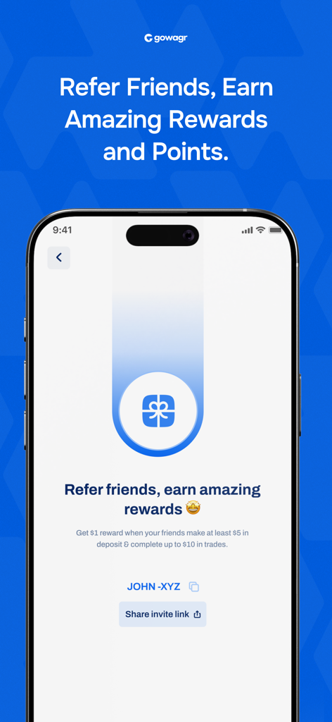 Gowagr app referral screen showing rewards and points program for inviting friends