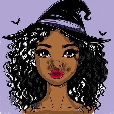 realistic black girl with wavy hair and witch hat and nose and lips