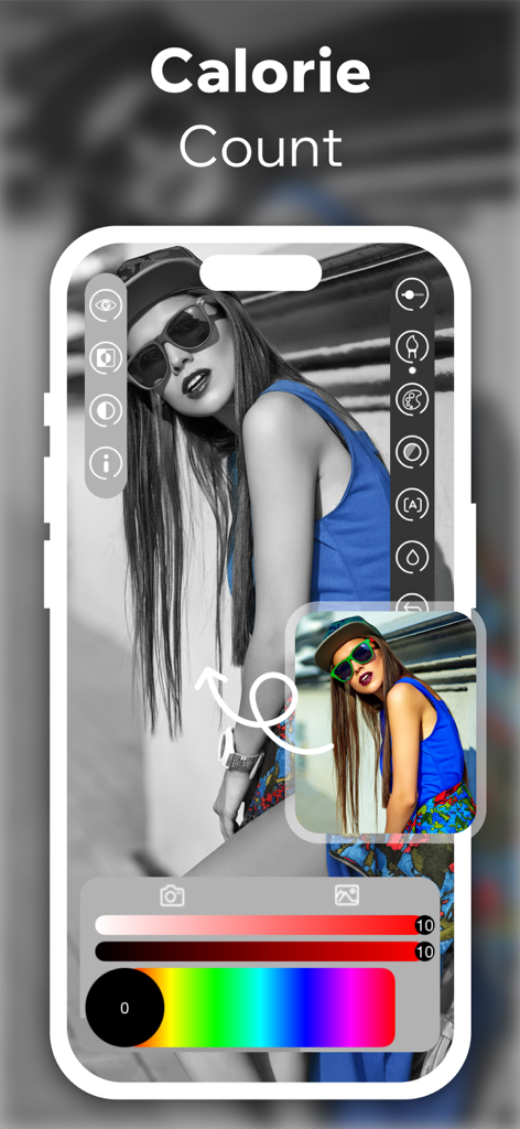 Color Pop - Color Pop mobile app interface demonstrating selective color editing on a black and white portrait
