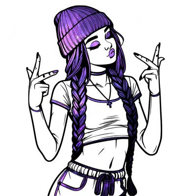 realistic teenage girl with braids and a beanie and crop top doing 🫶🏼