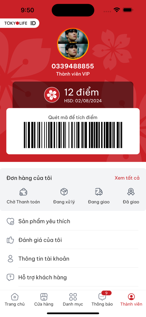 TokyoLife mobile app membership profile screen showing a scannable loyalty barcode, points balance, and account management options.