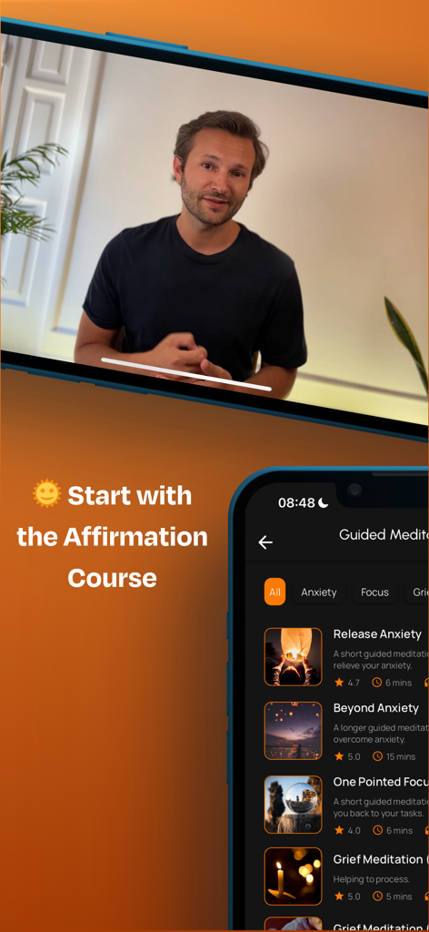 Soma: Wellness & Meditation - Soma app screen showing a video meditation teacher and a menu of guided sessions for anxiety and focus.