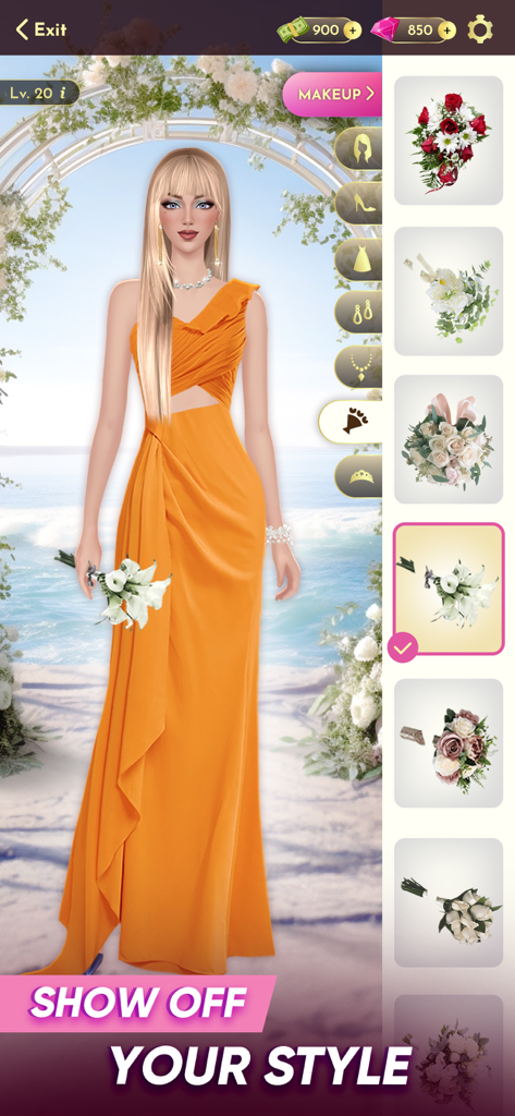 A character in an orange gown choosing a bouquet in a beach wedding dress up game