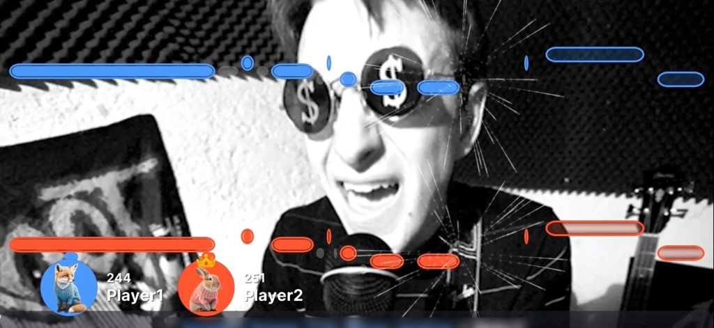 SingFever - Your Sing Game - SingFever mobile app gameplay showing real-time pitch detection bars and player scores during a vocal performance.