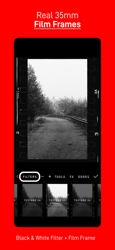 PICFX Picture Editor & Borders - A black and white photo being edited in PICFX with a real 35mm film negative frame overlay.