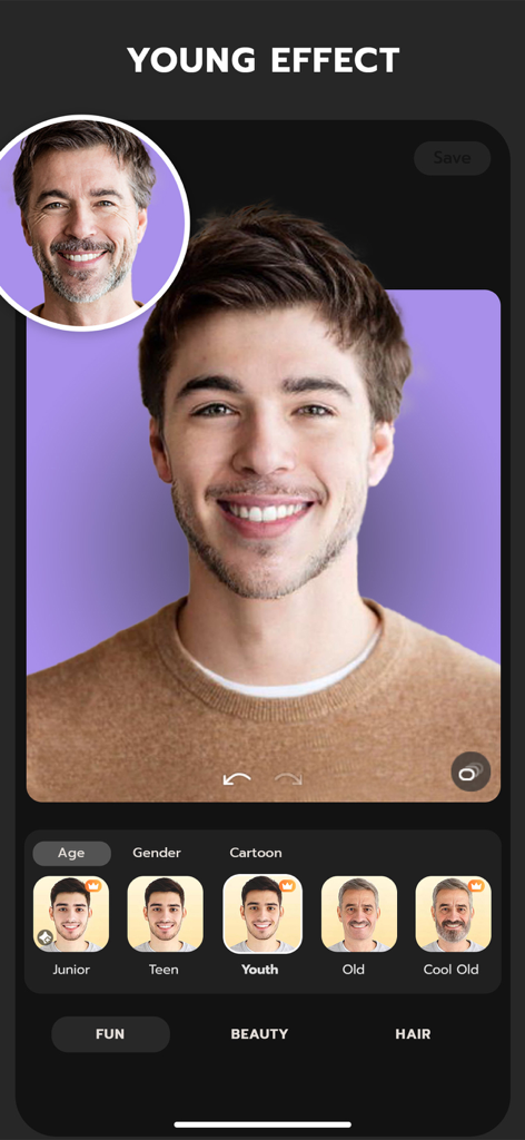 FaceLab App-Oberfläche, die einen Mann mittleren Alters zeigt, der mit dem KI-Jugendfilter in eine jüngere Version verwandelt wurde.