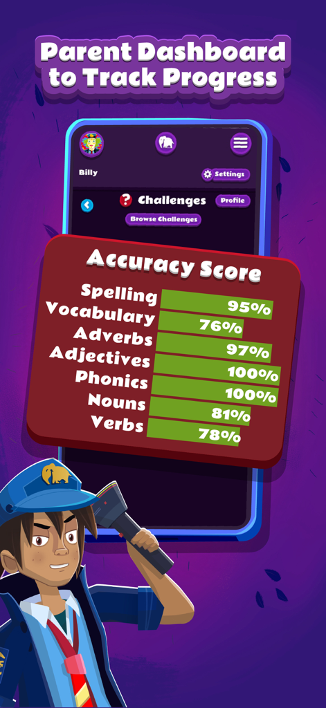 Night Zookeeper - Fun Learning - Night Zookeeper parent dashboard showing student accuracy scores for spelling and grammar skills