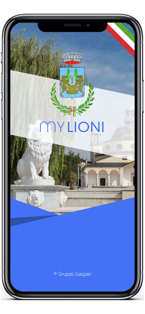Pantalla de bienvenida de la aplicación móvil MyLioni con el escudo de armas del pueblo y un monumento a una estatua de león local
