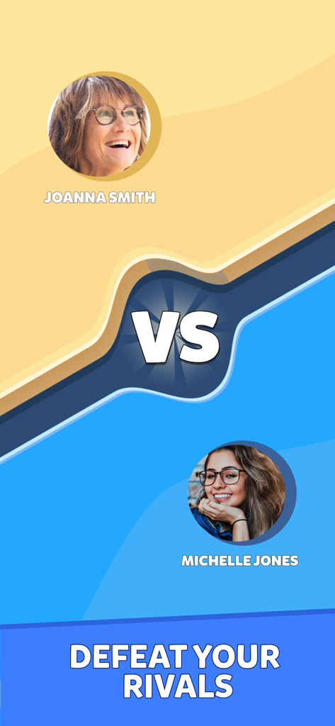 Dos mujeres compitiendo en una partida cara a cara en Word Crack con el texto Derrota a tus Rivales