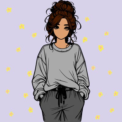 realistic girl in a messy bun with sweatpants and sweatshirt