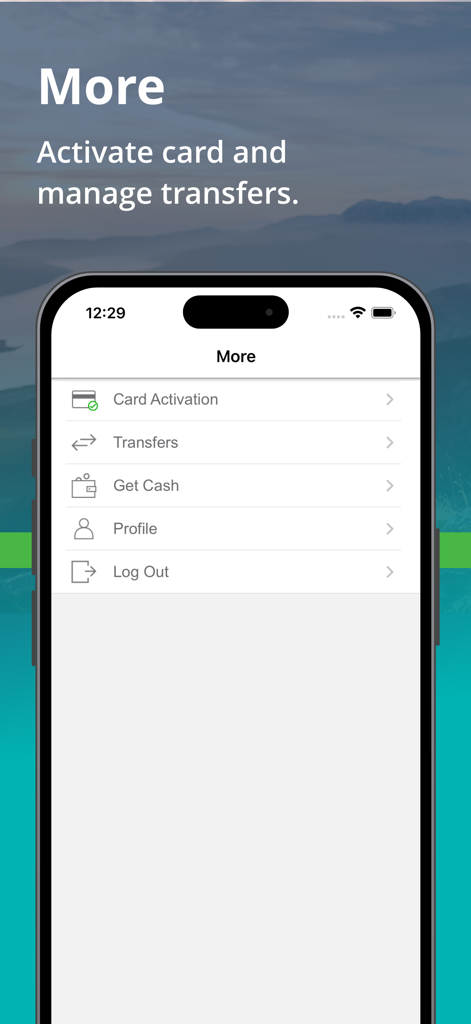 Go Program Way2Go Card - Go Program Way2Go Card app screen showing options for card activation and transfers