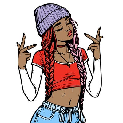 realistic teenage girl with braids and a beanie and crop top doing 🫶🏼