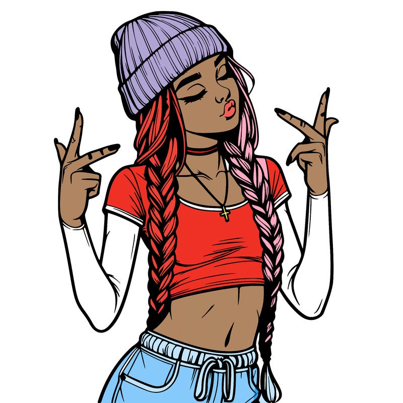 realistic teenage girl with braids and a beanie and crop top doing 🫶🏼