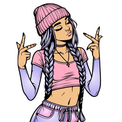 realistic teenage girl with braids and a beanie and crop top doing 🫶🏼