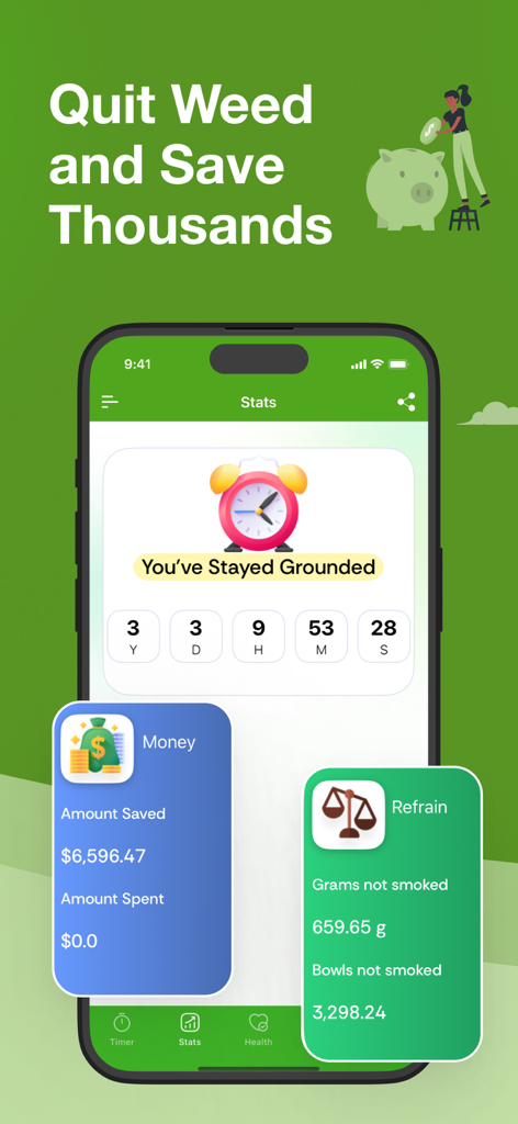Grounded: Quit Weed Smoking - Mobile app interface for Grounded showing time since quitting weed and total money saved