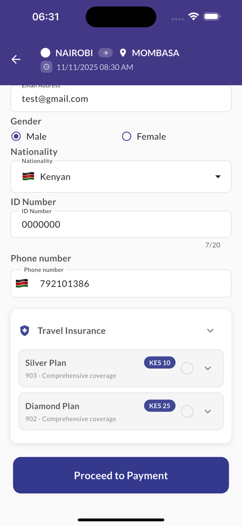 Travler - Passenger details and travel insurance selection screen for a bus trip booking on the Travler app.