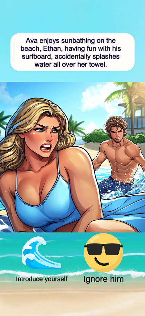 Love 60 Seconds - Love Story - Tela do jogo Love 60 Seconds mostrando uma escolha entre se apresentar ou ignorar um personagem na praia