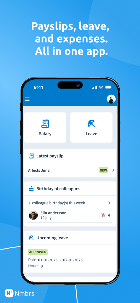 Aplicativo Nmbrs ESS de autoatendimento ao funcionário, mostrando recursos de gerenciamento de folha de pagamento, férias e despesas