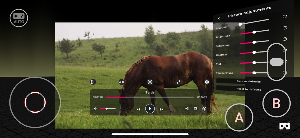 PLAY'A - Interface of PLAYA VR player showing picture adjustment sliders over a video of a horse