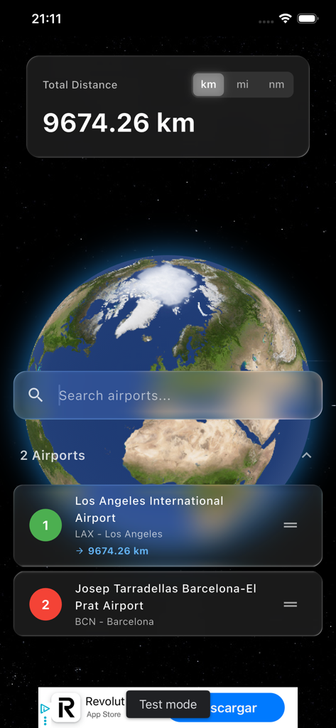Interfaccia dell'app Flight Distance Viewer che mostra la distanza di 9674 km tra Los Angeles e Barcellona su un globo 3D.