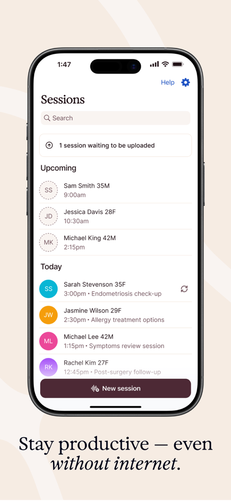 Heidi AI Medical Scribe - Heidi AI Medical Scribe app interface showing a list of patient sessions and offline mode notification