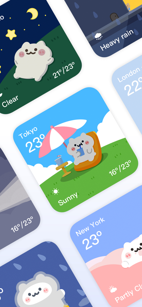 A collection of cute weather widgets with hand-drawn character illustrations for different weather conditions.