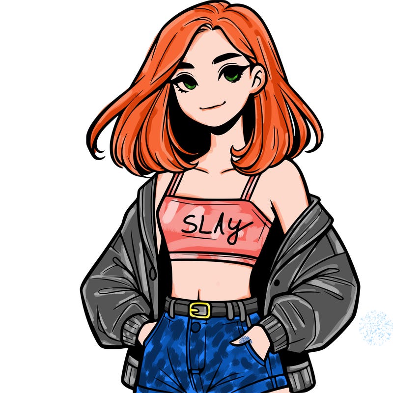 a realistic girl with a crop top and short shorts in an open jacket