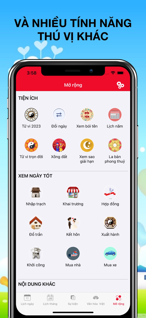 Lịch Vạn Niên 2026 - Lịch Âm - Screenshot dell'app Calendario Lunare Vietnamita che mostra funzionalità di utilità come oroscopi e selezione di giorni propizi per eventi della vita