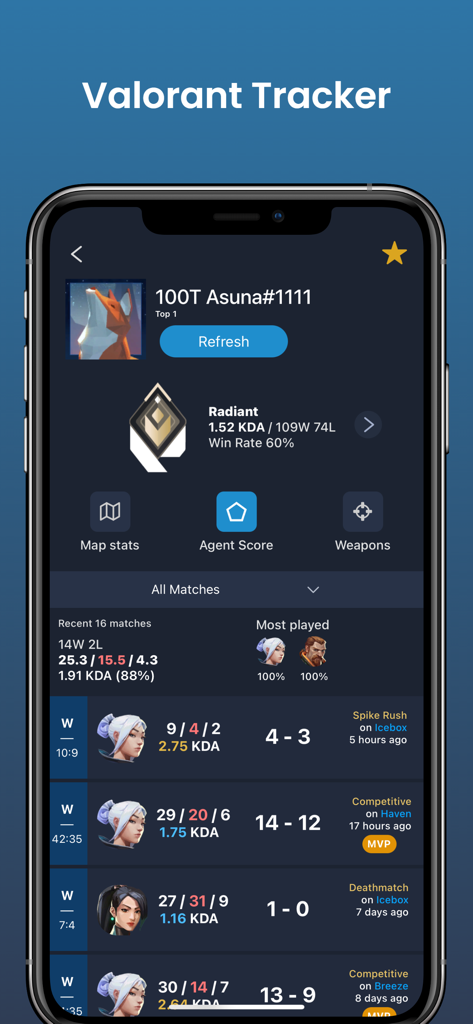 Valking.gg - Valorant Tracker - Valking.gg mobile app displaying a Radiant rank player profile with KDA and match history