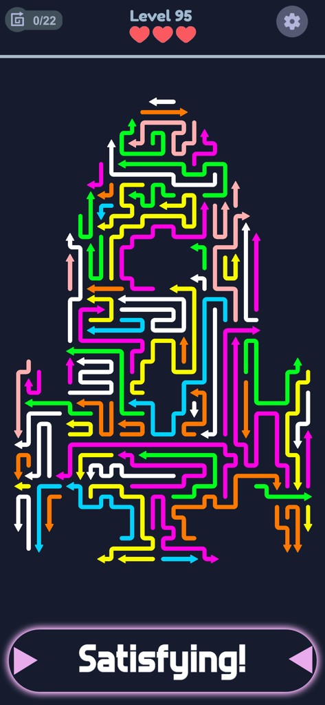 Arrow Escape: Maze Puzzle - Un rompecabezas de lógica con forma de cohete de neón con flechas enredadas de colores sobre un fondo oscuro.