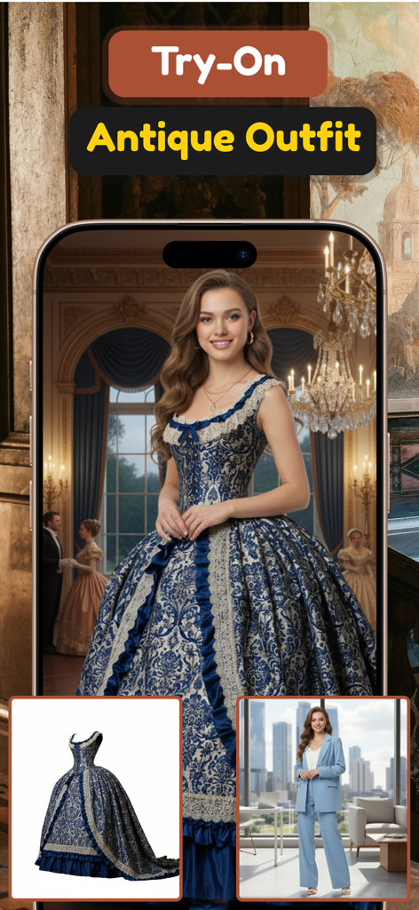 Ein Bildschirm einer mobilen App, der eine virtuelle Anprobe zeigt, bei der eine Frau mit einem kunstvollen antiken blauen und weißen Kleid abgebildet ist