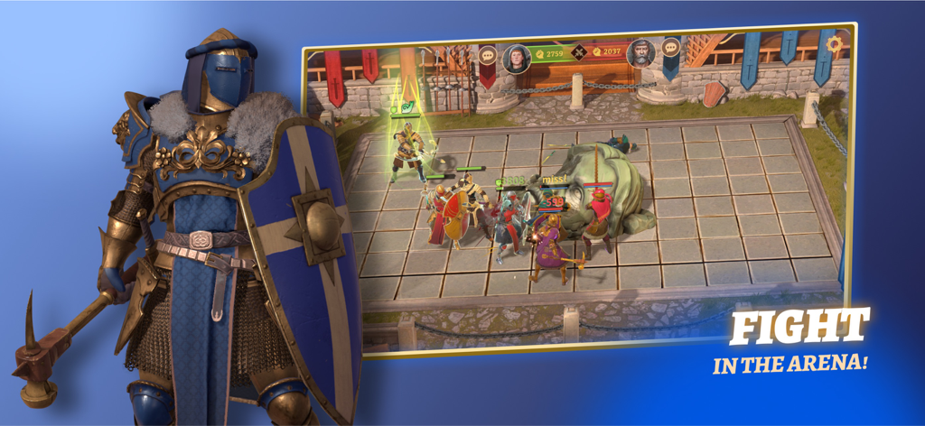 Battlesmiths: Medieval Life - 青と金の鎧を着た中世の騎士が、Battlesmiths Medieval Lifeの戦術的なグリッドベースのアリーナバトルシーンの隣にいる。